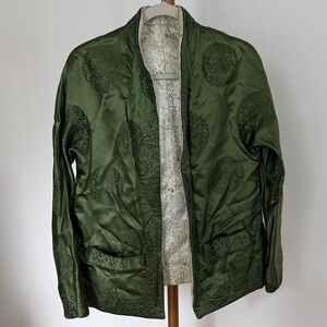 Vintage Reversible Poppy Lu Brocade Jacket Blazer in Green and Silver Floral